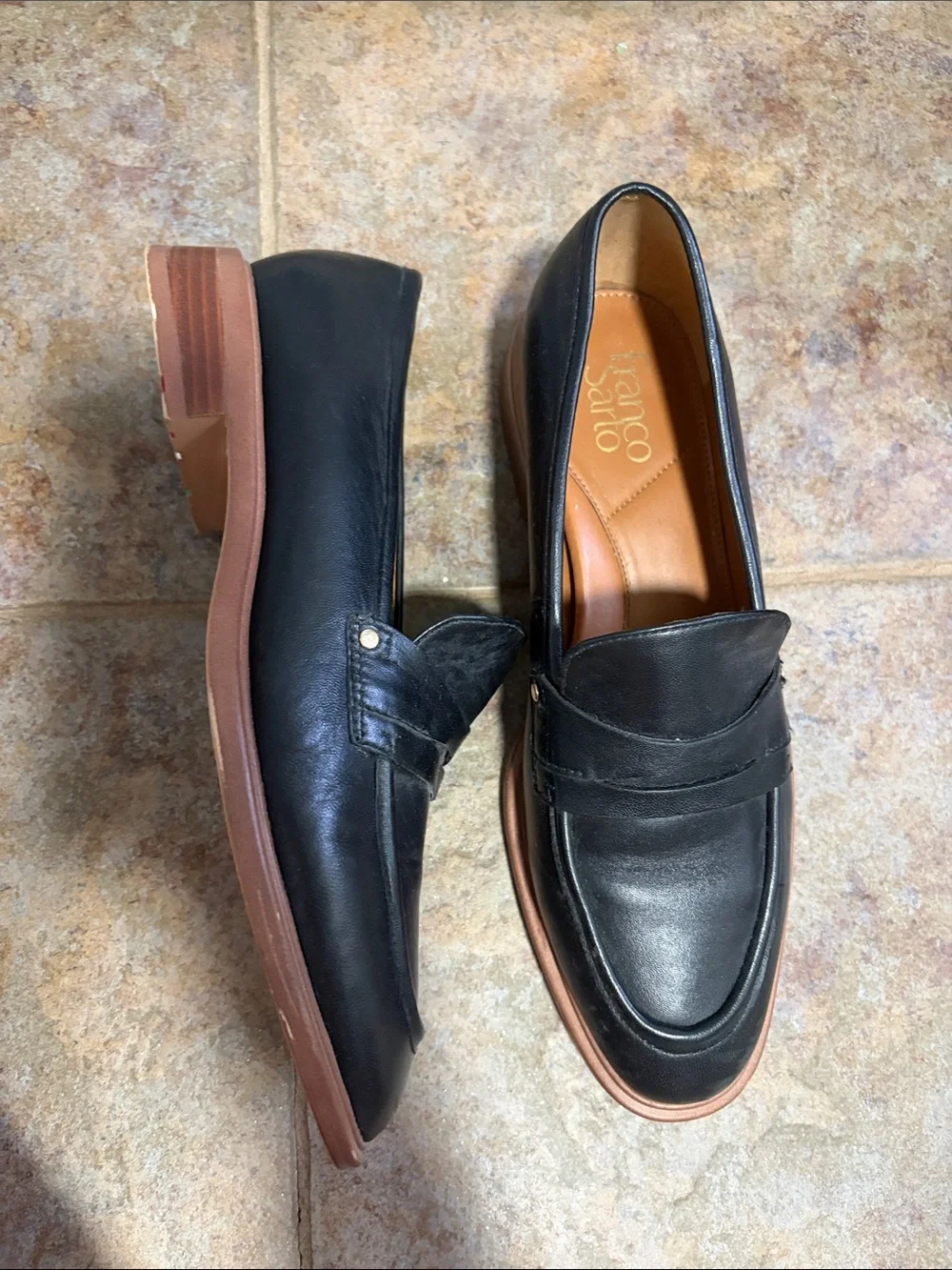 Franco Sarto Black Leather Penny Loafers with Tan/Brown Sole 9.5W